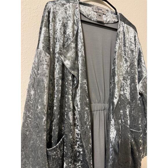Vtg Spoon Brand Cardigan Women M Silver Velvet Open Front Waterfall Duster Pockt - Picture 2 of 8